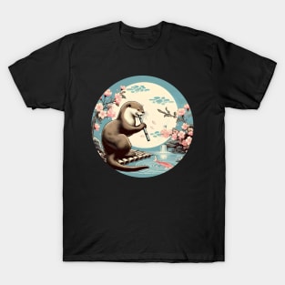 Aquatic Animal Vintage Sunset Art Floral Japanese Otter T-Shirt